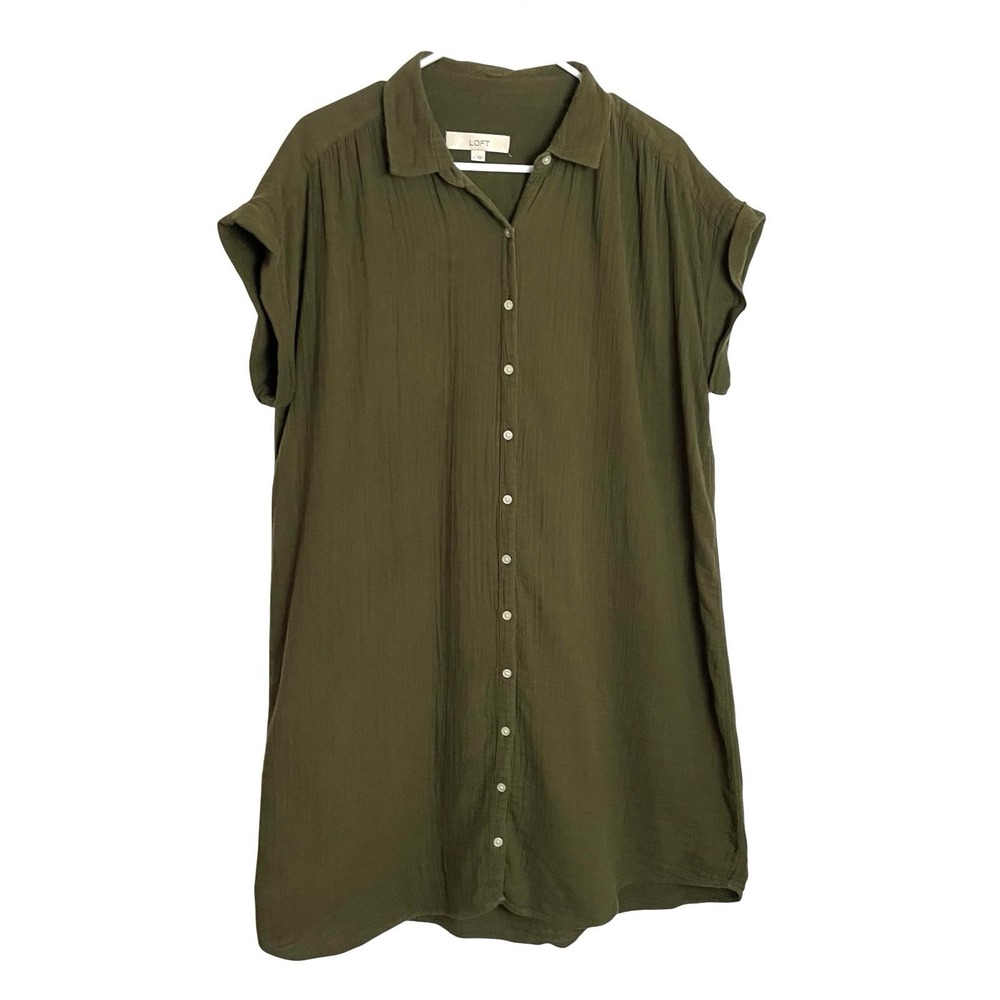 Loft Ann Taylor Womens 100% Cotton Gauze Shirt Dress Sz L Army Green Minimalist - Picture 1 of 8
